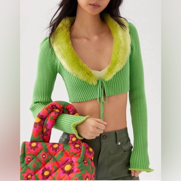Urban Outfitters Sweaters - Urban Outfitters Lime Green Cardigan with Faux Fur Trim sz XS TP